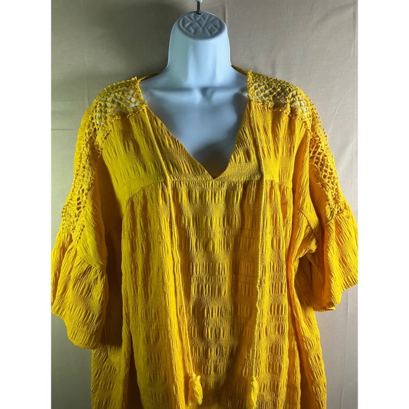 Shein Curve Yellow Smocked TunicTop 1XL Crochet LaceTassel V-Neck Flutter Sleeve - Picture 3 of 9